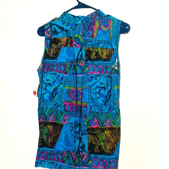 Dahan Blue Purple Funky Design Sleeveless Collared Button Up Tank Top Size M - Picture 2 of 9